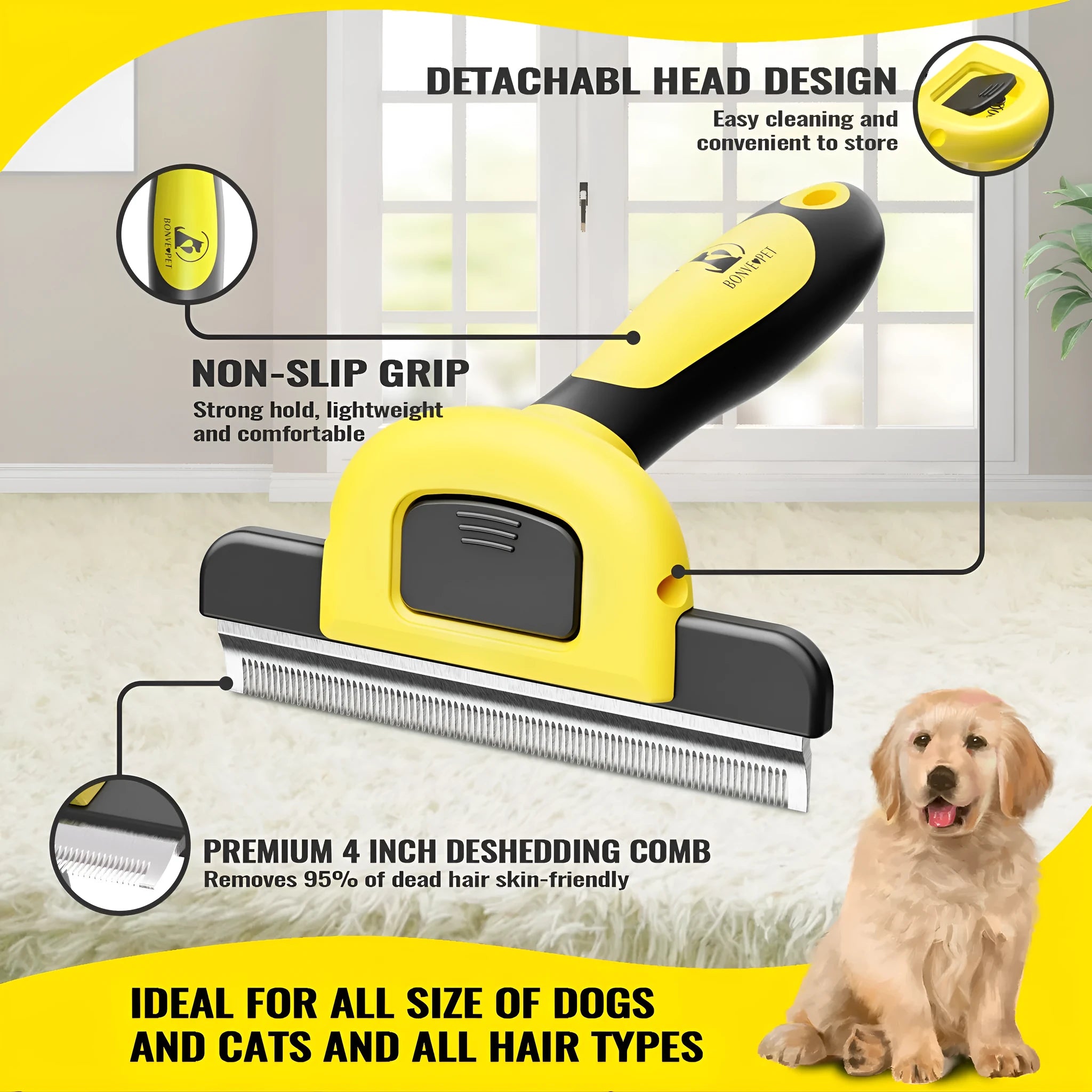 Blue and yellow dog grooming comb with stainless steel teeth for hair removal and knot untying