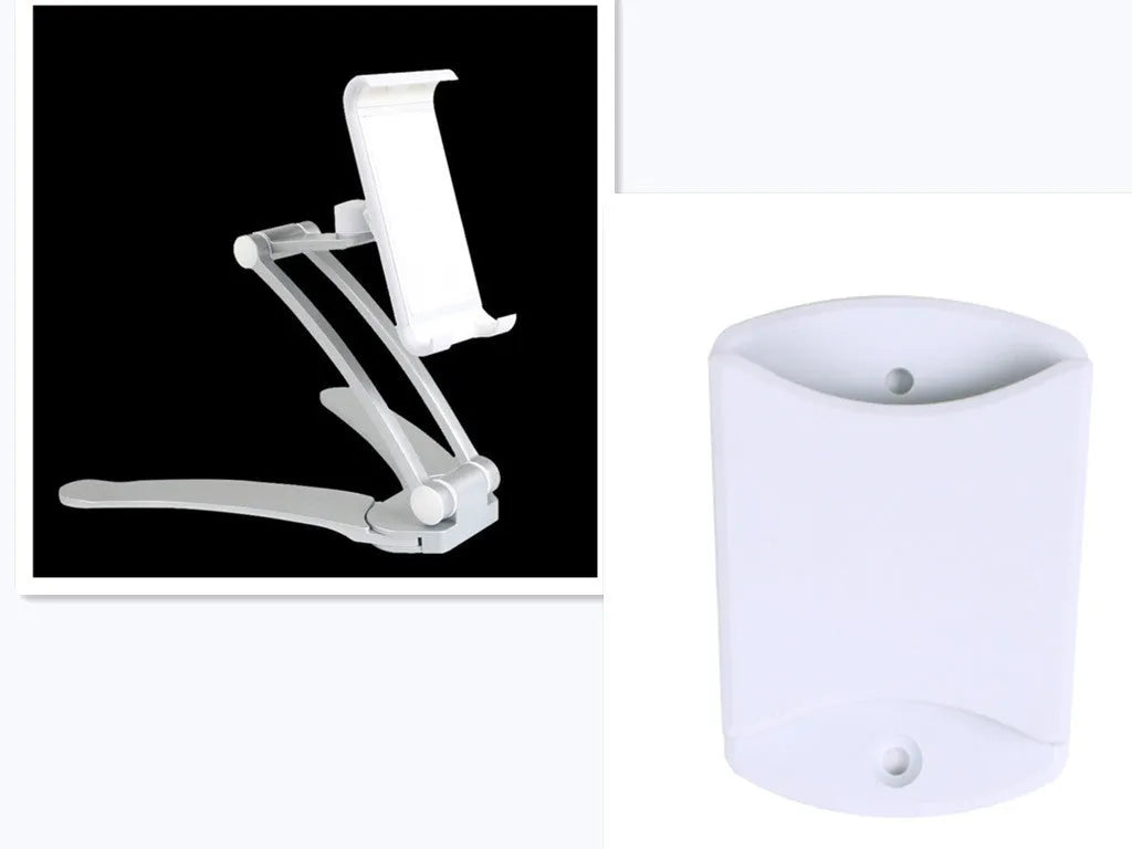 Silver aluminium desktop tablet stand holding a tablet, showing 360-degree rotation and dual adjustable clip design.