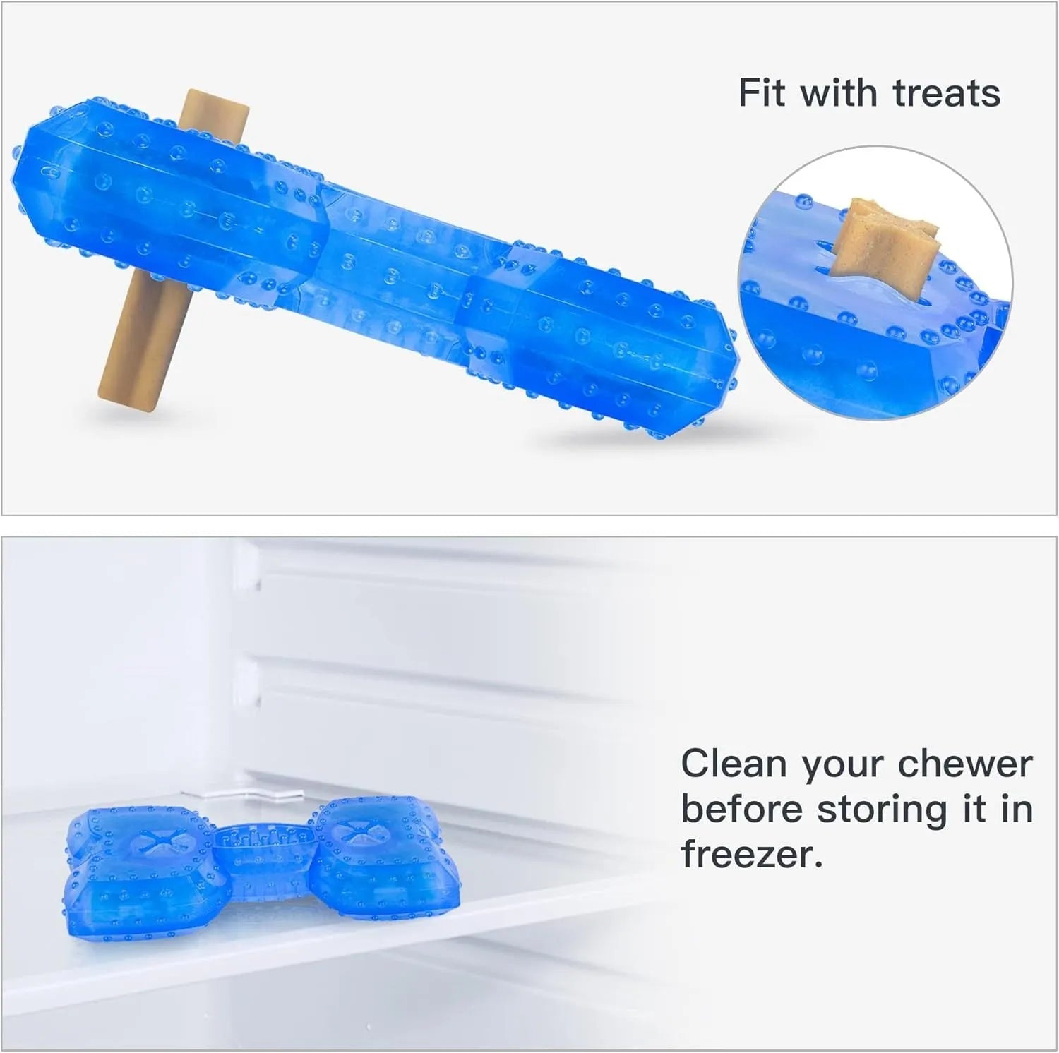 Freezable bone-shaped dog chew toy with a water-filled core for cooling and teething relief.