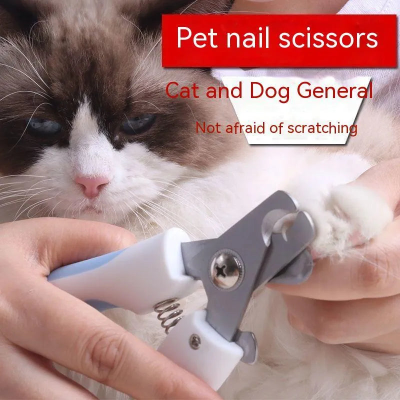 Pet nail scissors with stainless steel cutter head and curved handle in blue or pink, small or large, for dogs and cats
