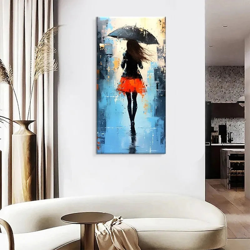 Hand painted modern abstract oil painting of people walking in rain on canvas for living room decoration