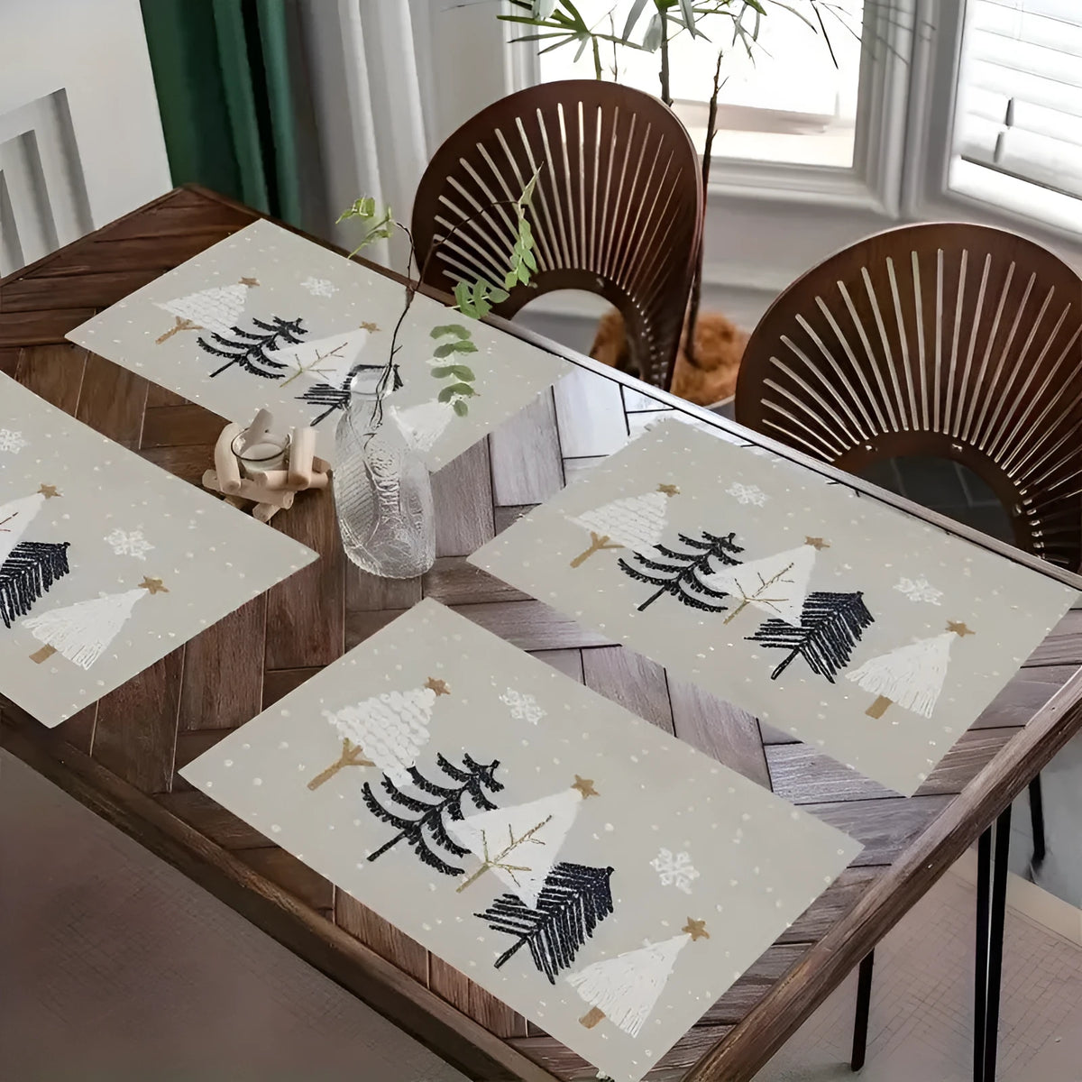 Square linen Christmas table mat, 30 x 45cm, with printed Christmas tree design and fourteen colour options.