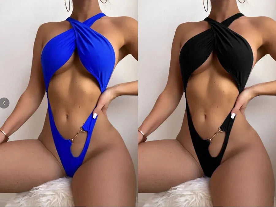 Blue and black solid colour women's one-piece swimsuit bikini on a mannequin