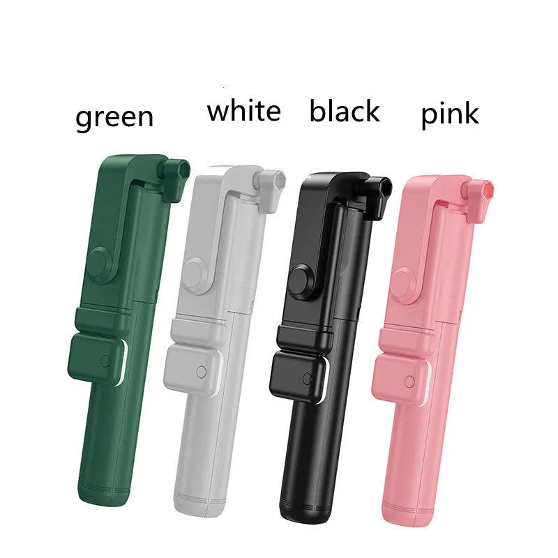 Black Bluetooth selfie stick with extended tripod legs and integrated fill light, holding a smartphone.