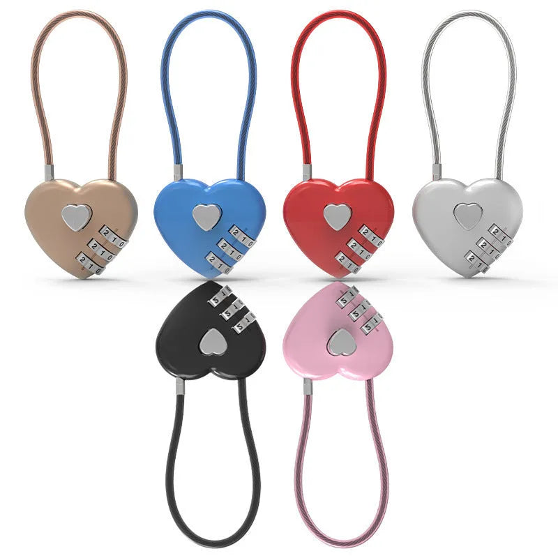 Peach heart-shaped wire rope padlock with a coiled steel cable, shown in various colours.