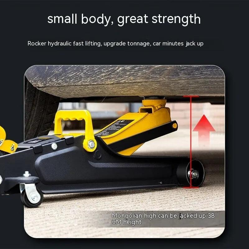 Horizontal hydraulic low car jack with handle for vehicle tyre changes