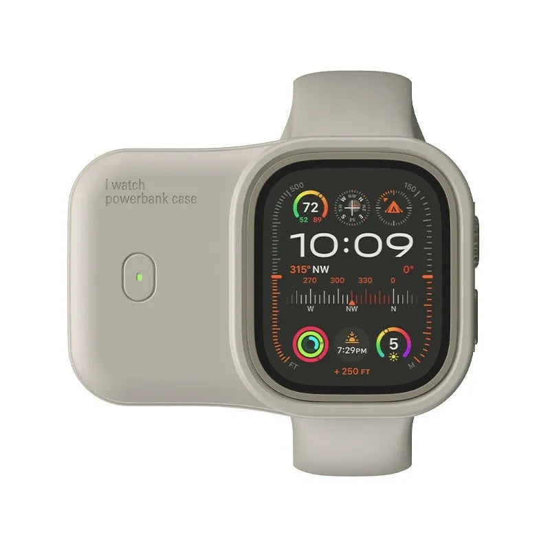 Apple Watch portable wireless charging case power bank in brown, blue, or starlight.