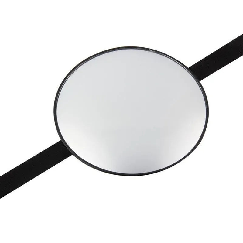 Black ABS baby safety seat rearview mirror with circular 17cm glass and adjustable strap on car headrest.
