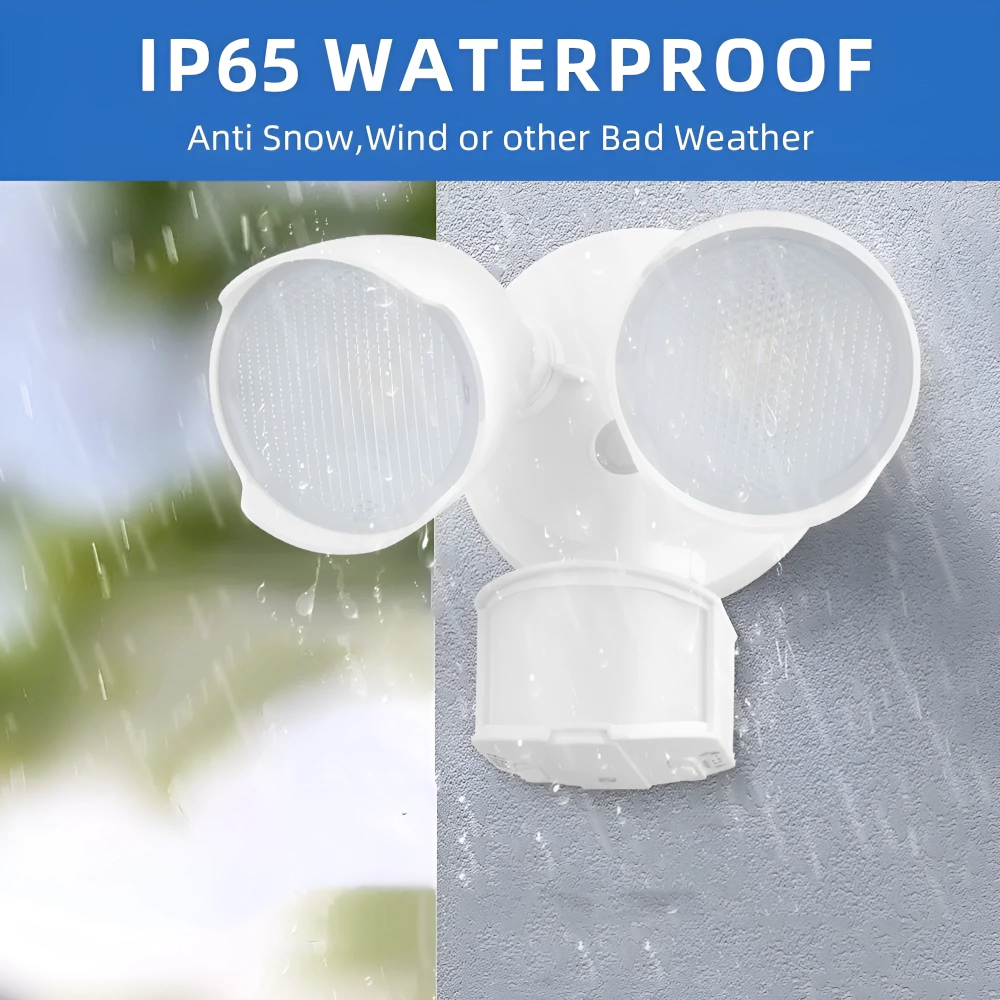 White outdoor LED security flood light with motion sensor mounted on a wall bracket