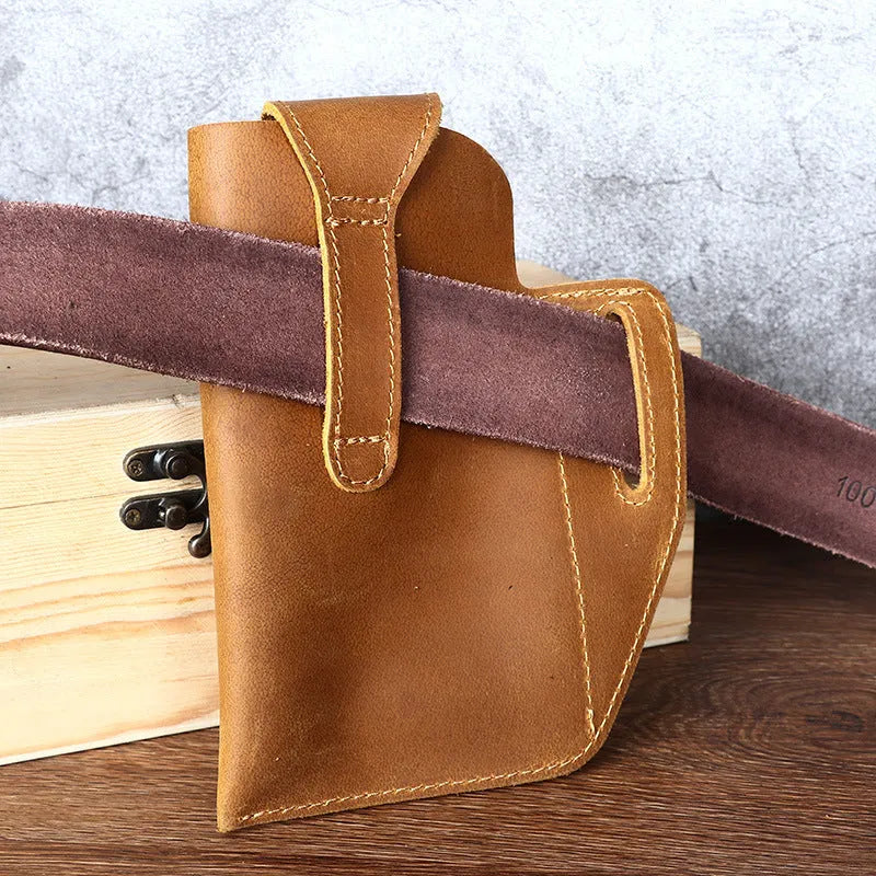 Men's retro brown leather phone hanging belt bag with car suture detailing