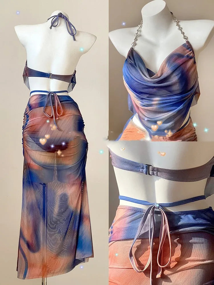 Women's blue printed bikini set with push-up top, bottoms, and removable skirt showing steel support structure