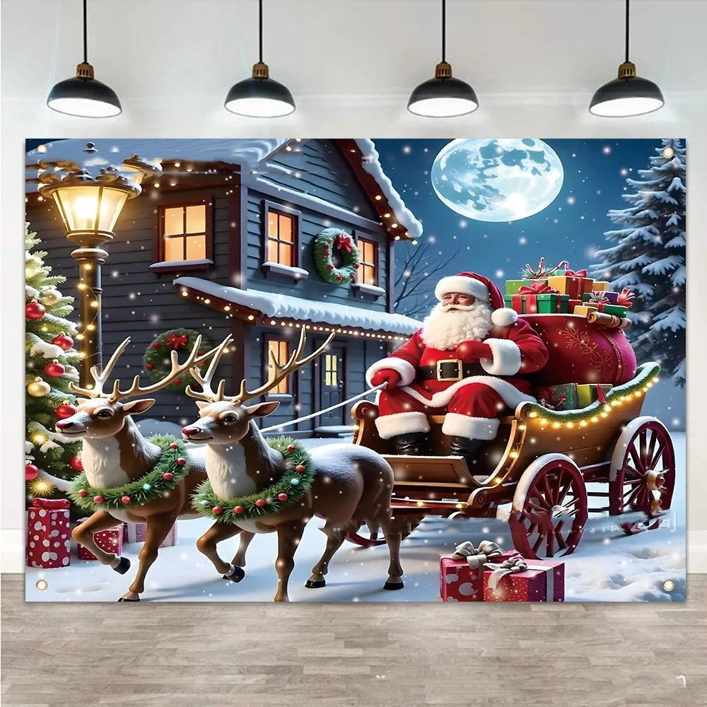 210x150cm Christmas banner with Santa Claus, night scene, and gift motifs printed on polyester fabric
