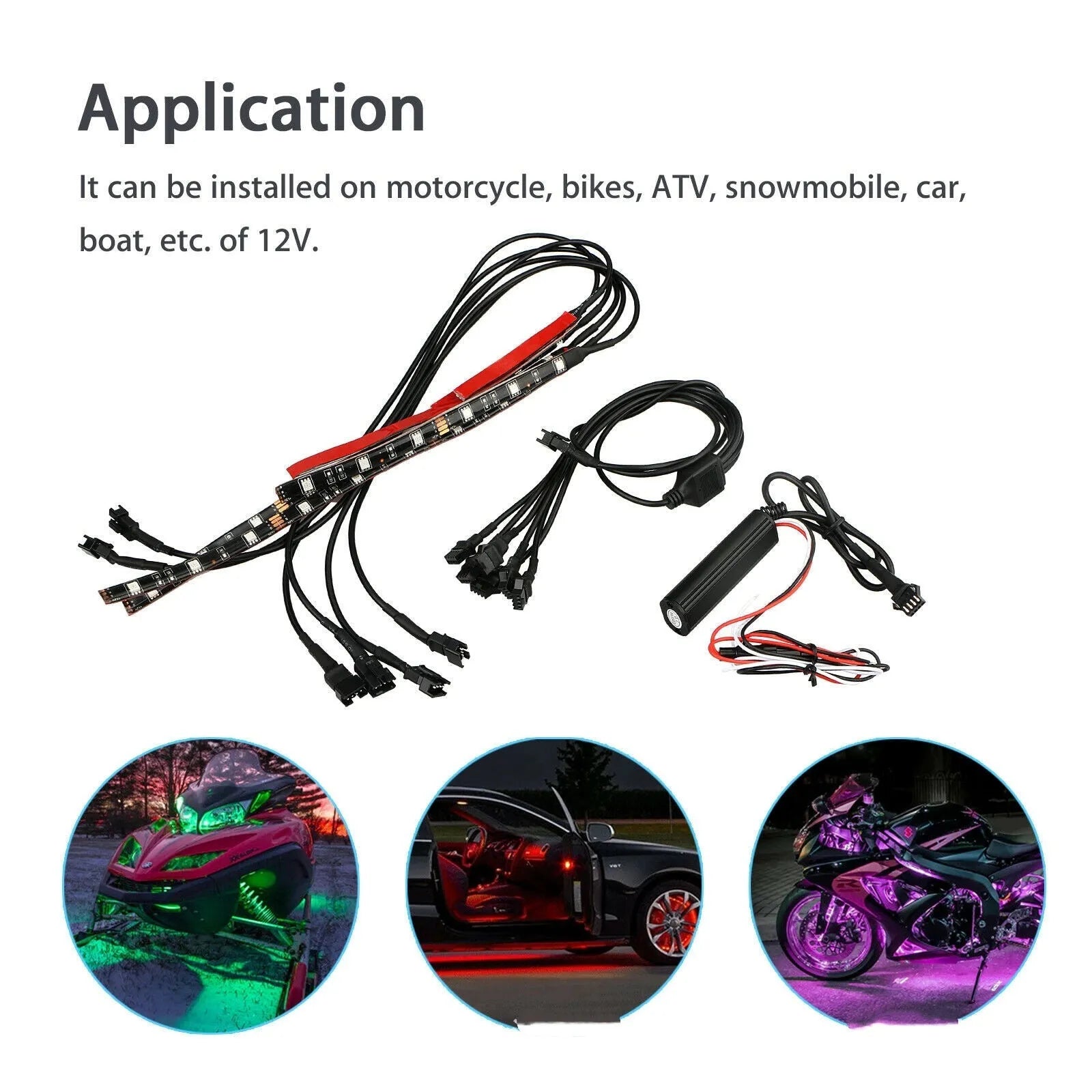 Black silicone RGB LED light bar with remote control for car and motorcycle atmosphere lighting.