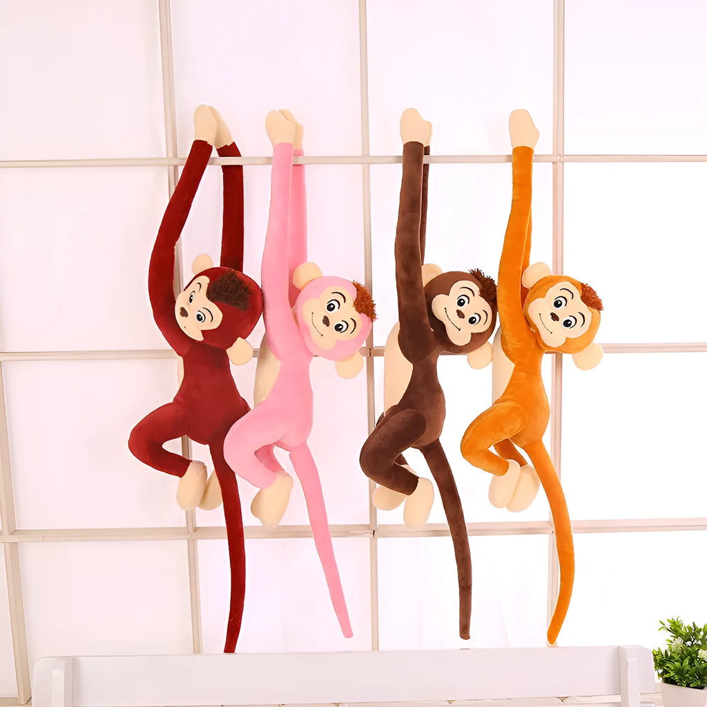 Plush hanging monkey toy with long arms in pink, red, or brown colours for curtain decoration