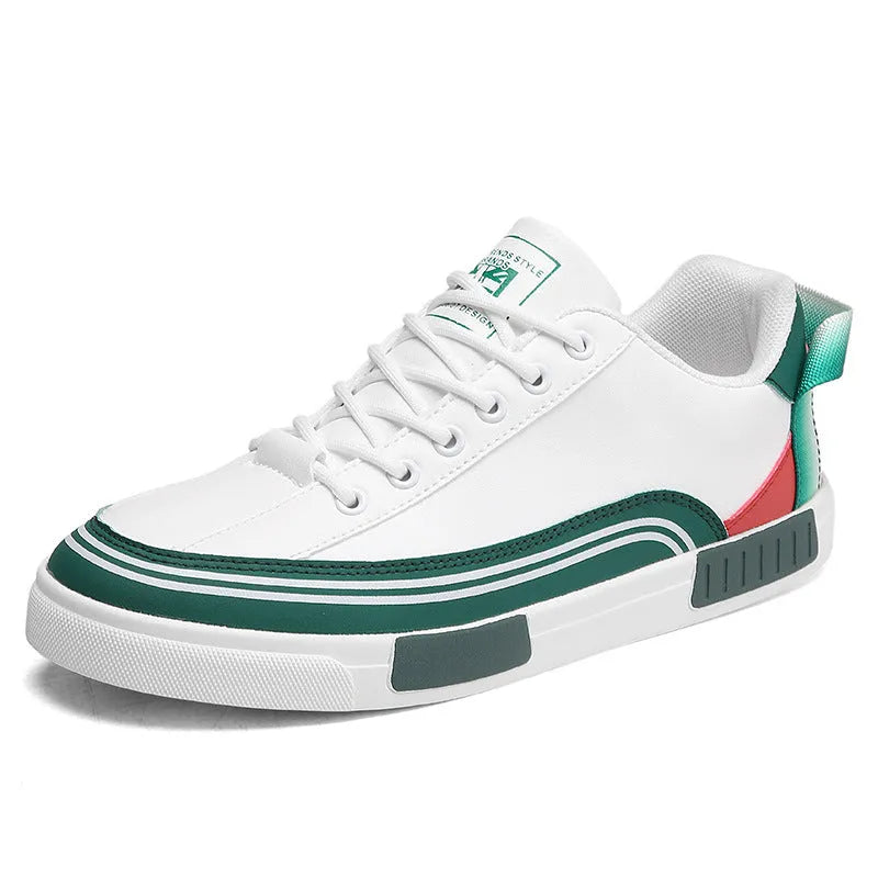 Men's beige, white and green canvas casual shoes with mesh panels and flat heel.