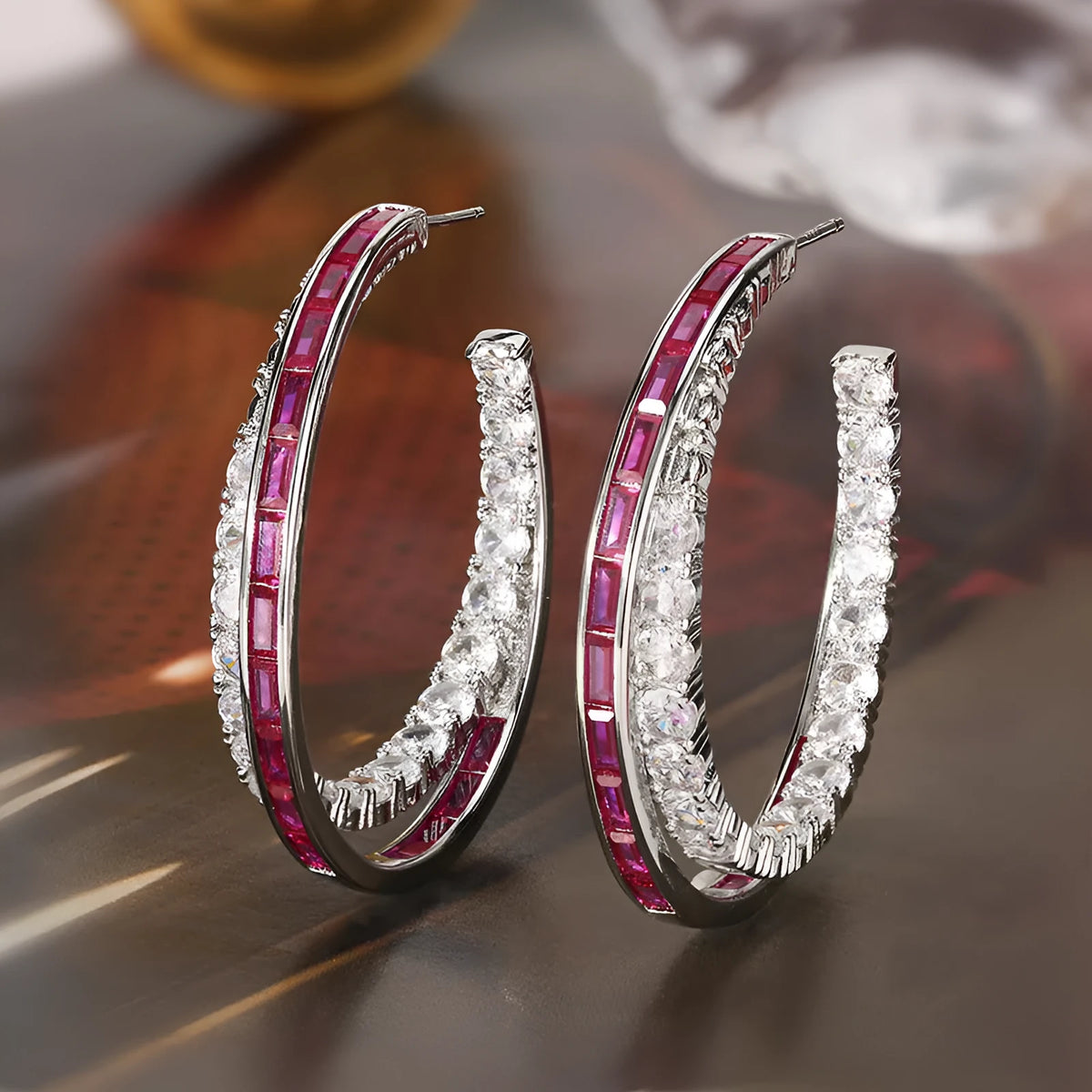 Silver needle stud earrings with zirconia, copper geometric ring design, red corundum or blue spinel