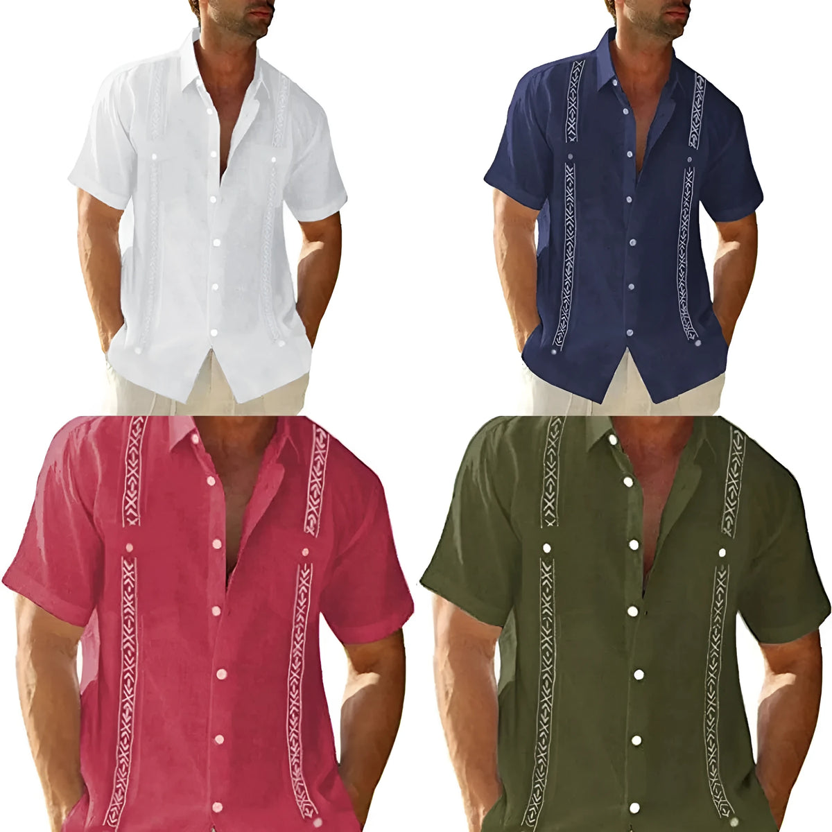 Men's Guayabera Cuban short sleeve printed polyester shirt in Army Green, Navy Blue, Red or White, sizes S to 6XL