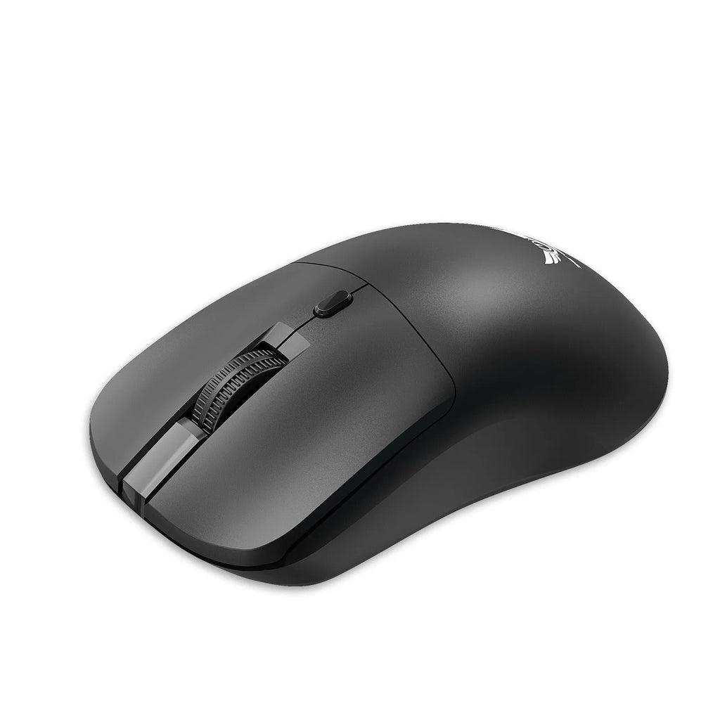 Black wireless computer mouse with three-gear audio button, photoelectric sensor, and battery compartment