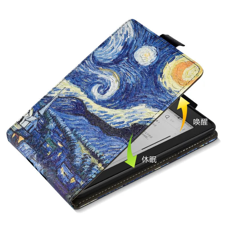 Kindle protective case with integrated hand strap in a choice of colours and printed designs.