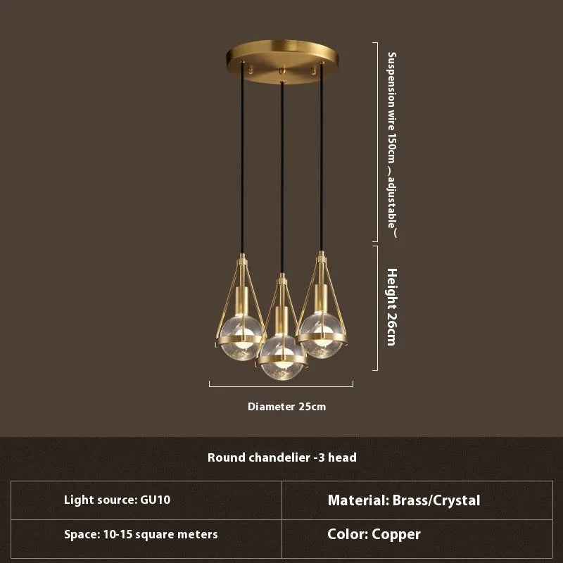 Modern copper and crystal chandelier light fixture for bedroom or commercial use.