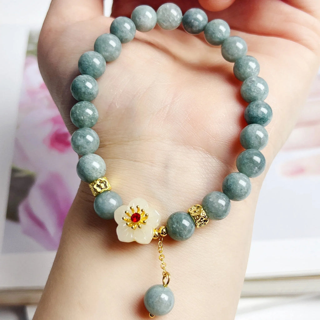 Women's adjustable jade bracelet with hand-tied cord in retro style