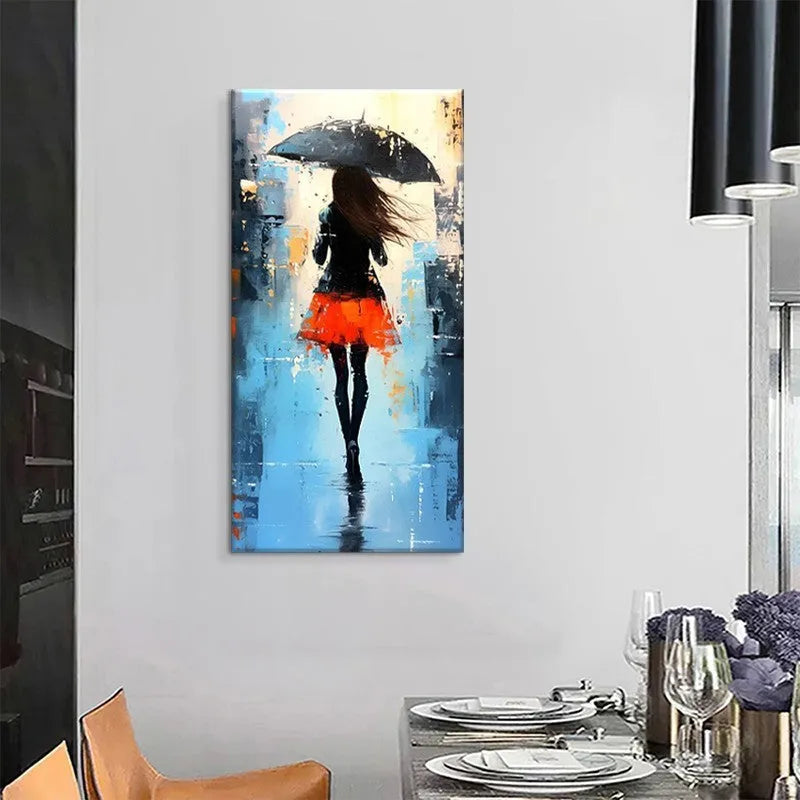 Hand painted modern abstract oil painting of people walking in rain on canvas for living room decoration