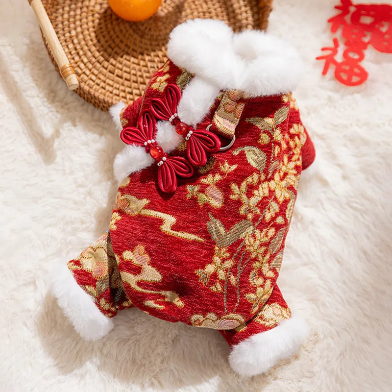Red brocade pet jumpsuit with faux fur trim and Chinese knot buttons for Lunar New Year