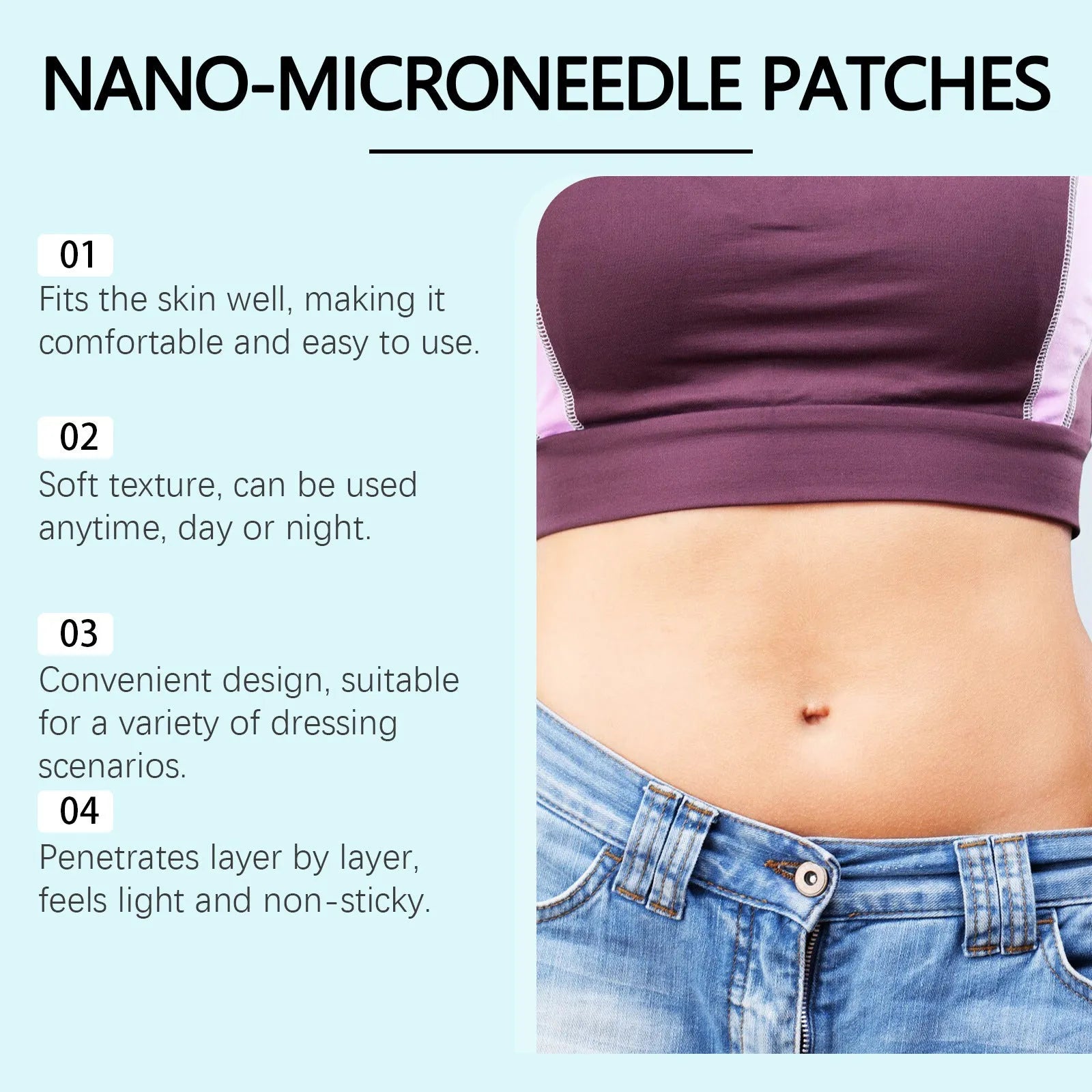 Four clear body contouring microneedle patches for skin firming, featuring acetyl hexapeptide-8.