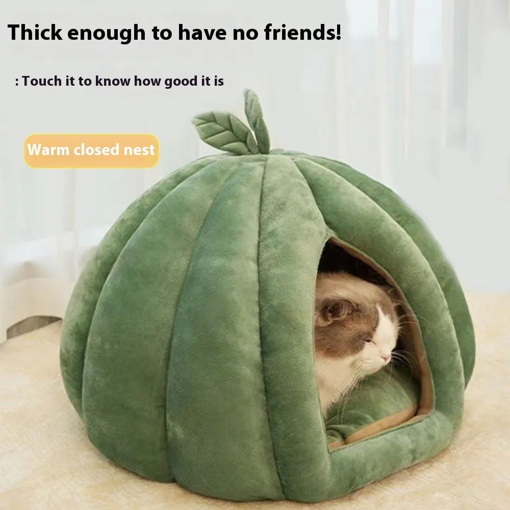 Semi-enclosed leaf style pumpkin nest cat bed in PP cotton with removable cover, three sizes