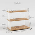 Office acrylic desk storage cabinet in wood colour with transparent acrylic shelves on a white desk