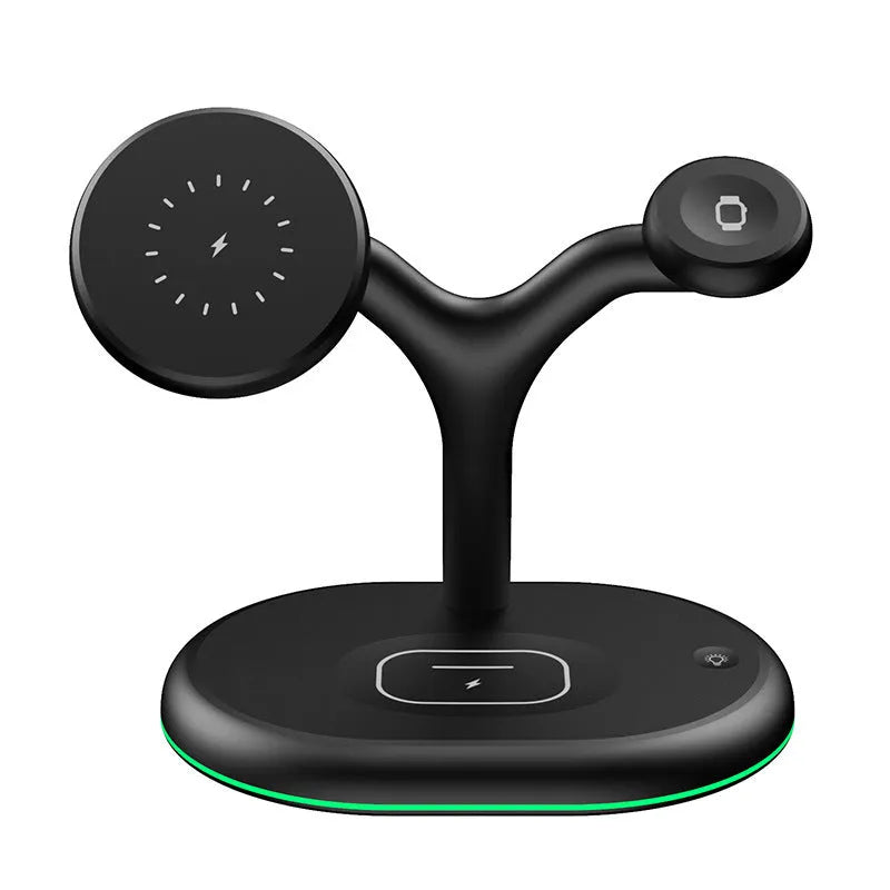 Black magnetic wireless charging stand holding an iPhone vertically on a desk