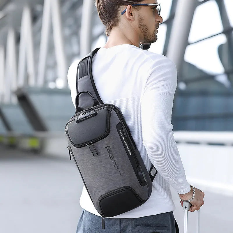 Men's Oxford cloth waist chest bag in black or grey, 21x12x35cm, with main bag, IPAD bag and compartment bag