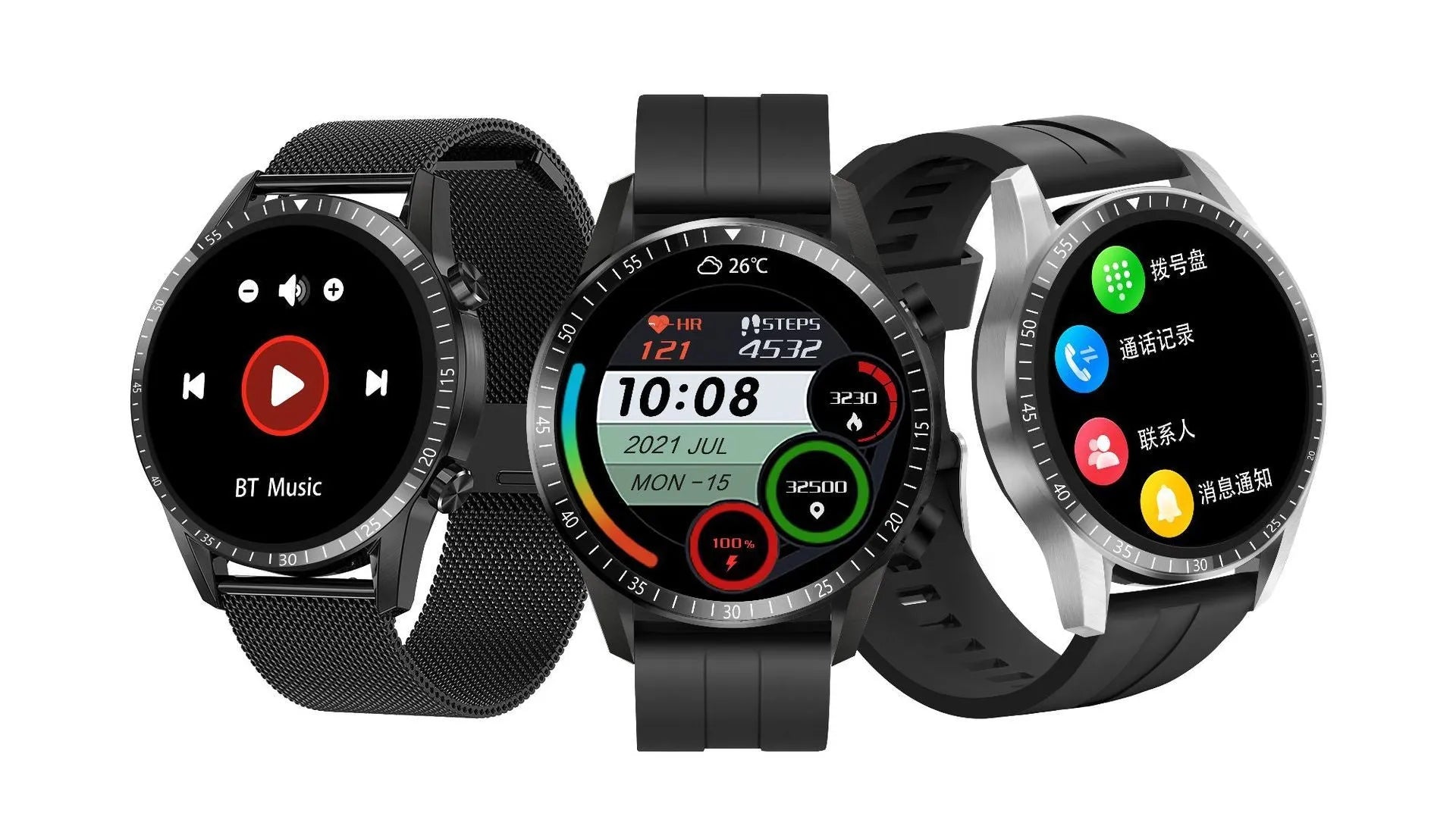 Round smartwatch with Bluetooth calling on wrist, showing dark colour option with fitness tracking display