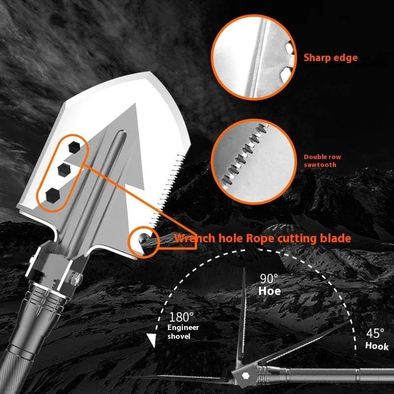 Black multifunctional military shovel hammer set with axe head and knife, 80cm long, with accessories laid out next to suitcase.