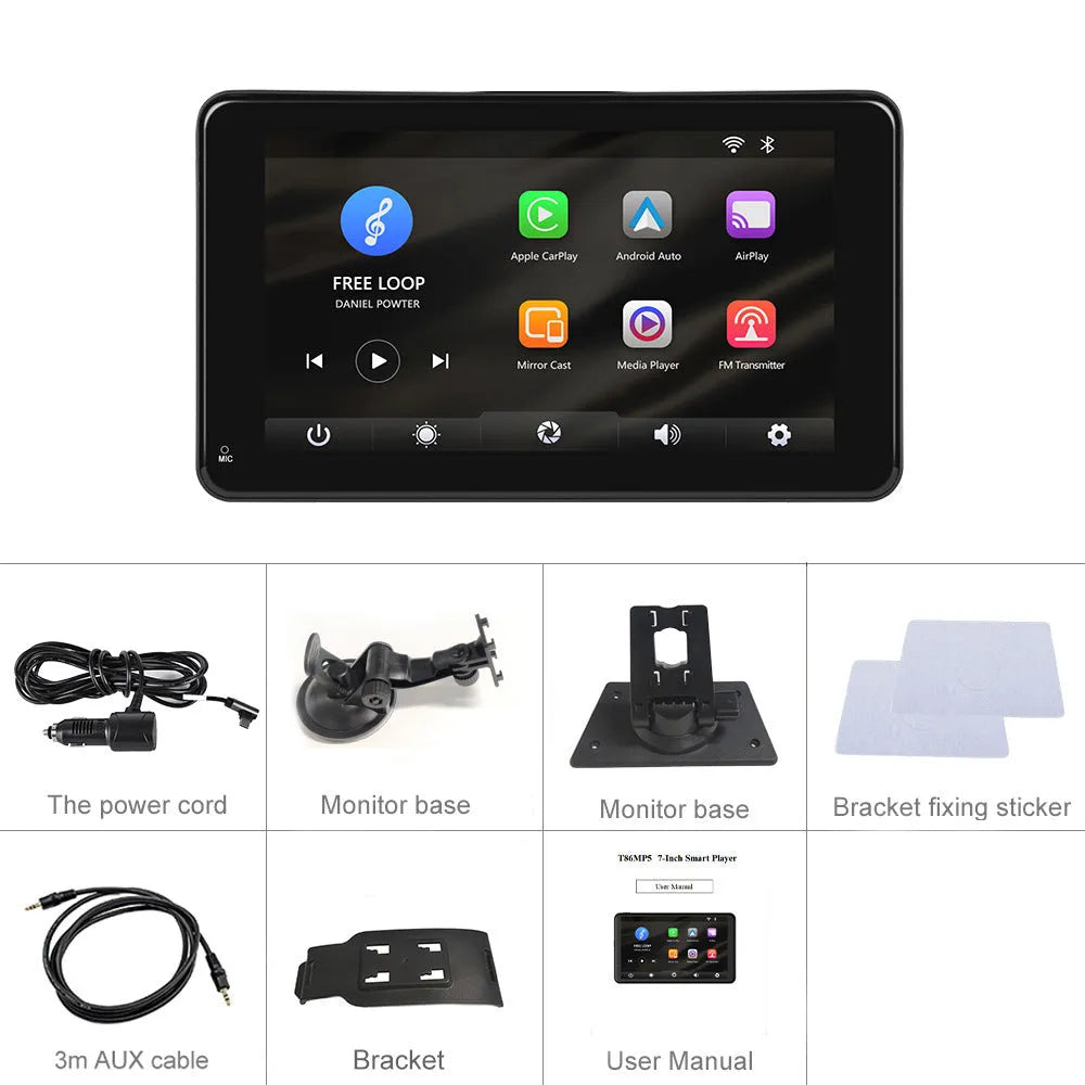 7-inch HD wired smart screen player with display showing menu, alongside its universal vertical and suction cup mounting supports.