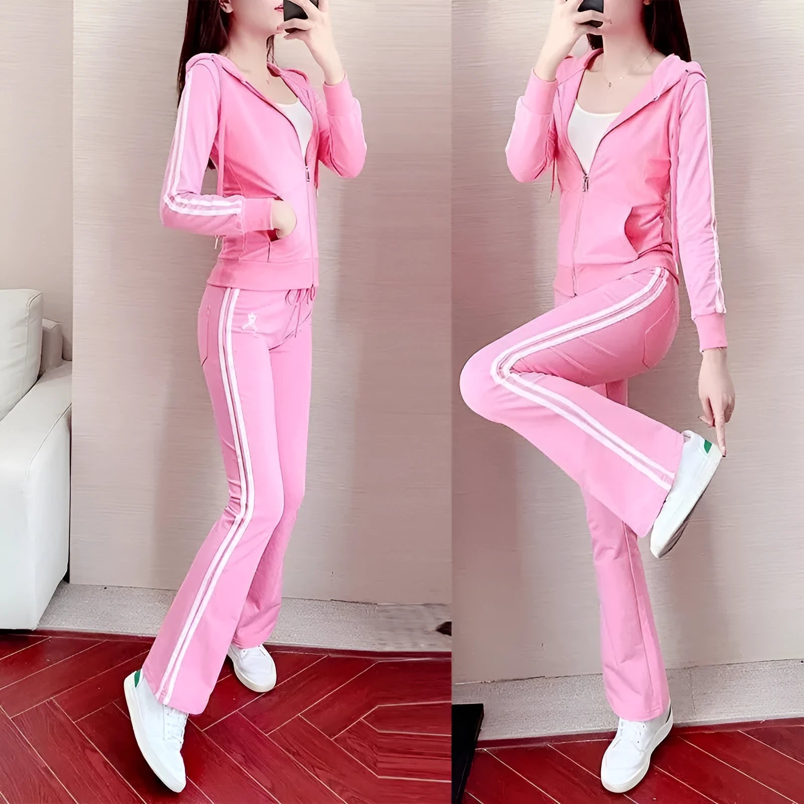 Women's hooded sweater sportswear three-piece set in solid colour top, pants, and vest with zipper