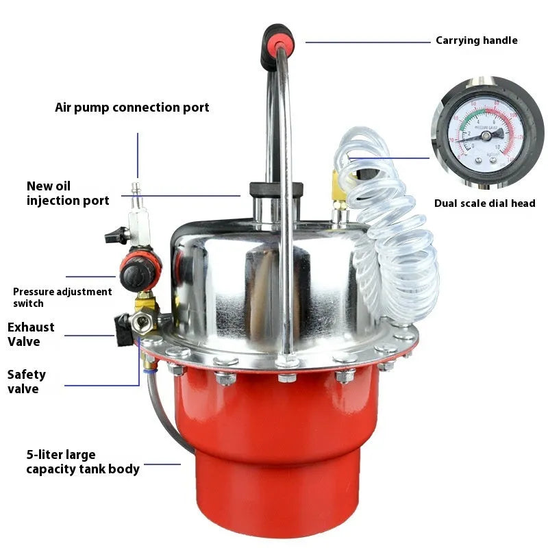 Pneumatic brake fluid replacement machine with pressure gauge and 5 litre capacity tank