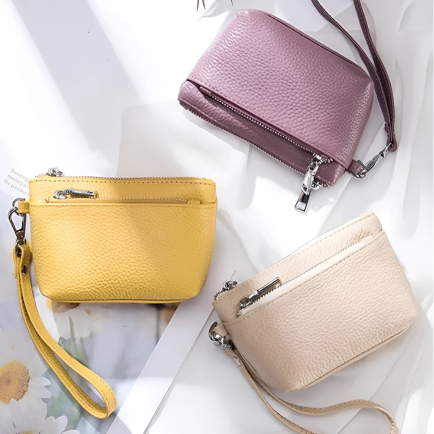 Women's leather long wallet clutch in avocado green with zipper closure and visible sewing lines