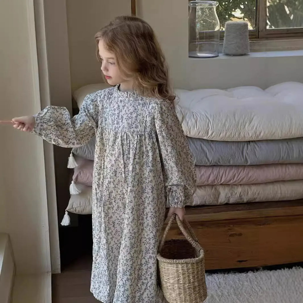 Girls long sleeve cotton dress with blue flower floral print, princess style, sizes 90cm to 140cm