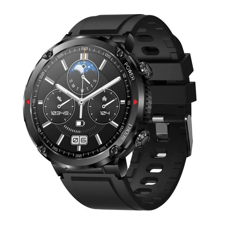 T30 smart watch with black silicone strap showing health stats on a circular 52mm screen.