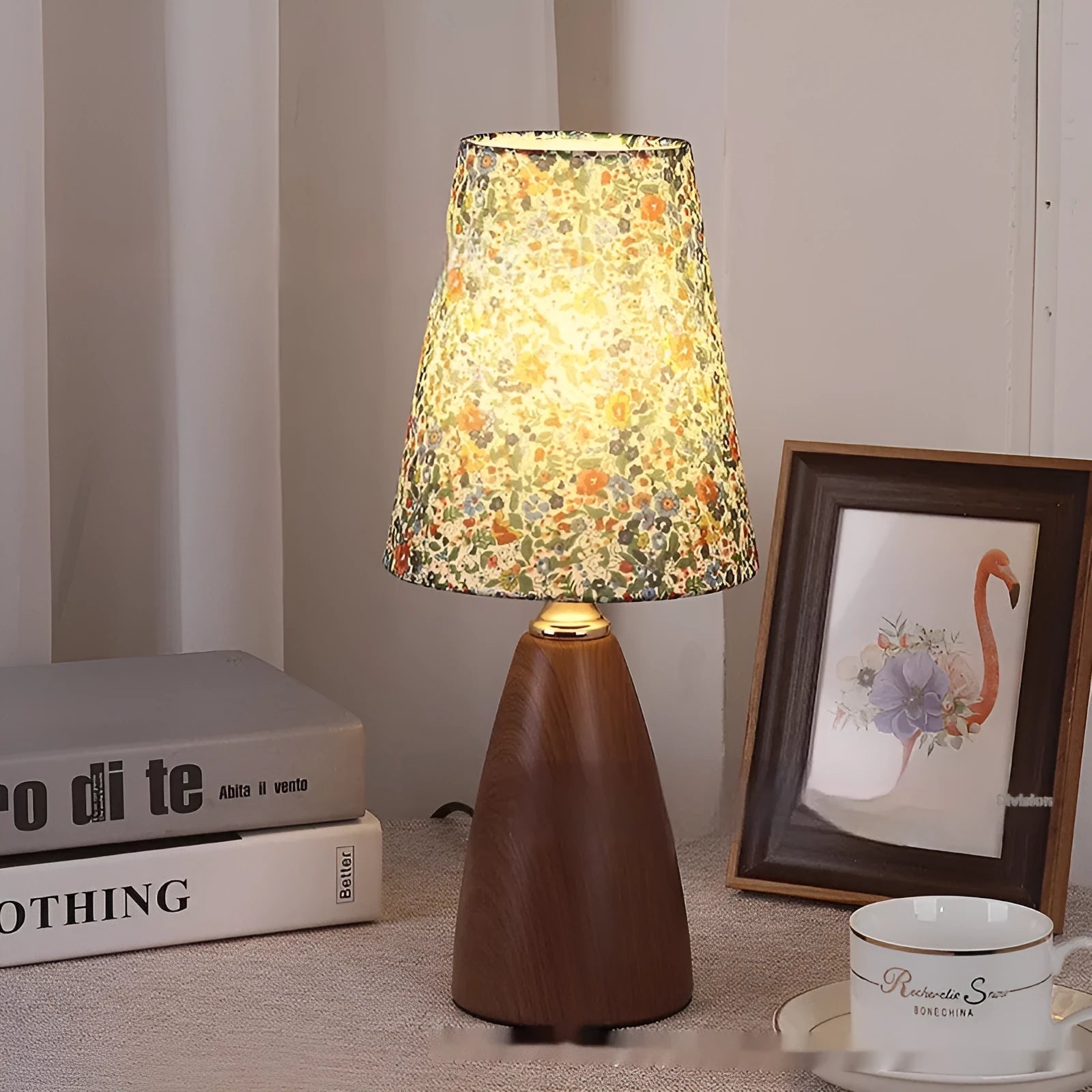 Nordic retro ceramic bedside table lamp with tapered floral design and remote control