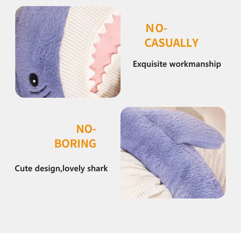 Blue shark pattern pet bed cushion for dogs and cats on a wooden floor