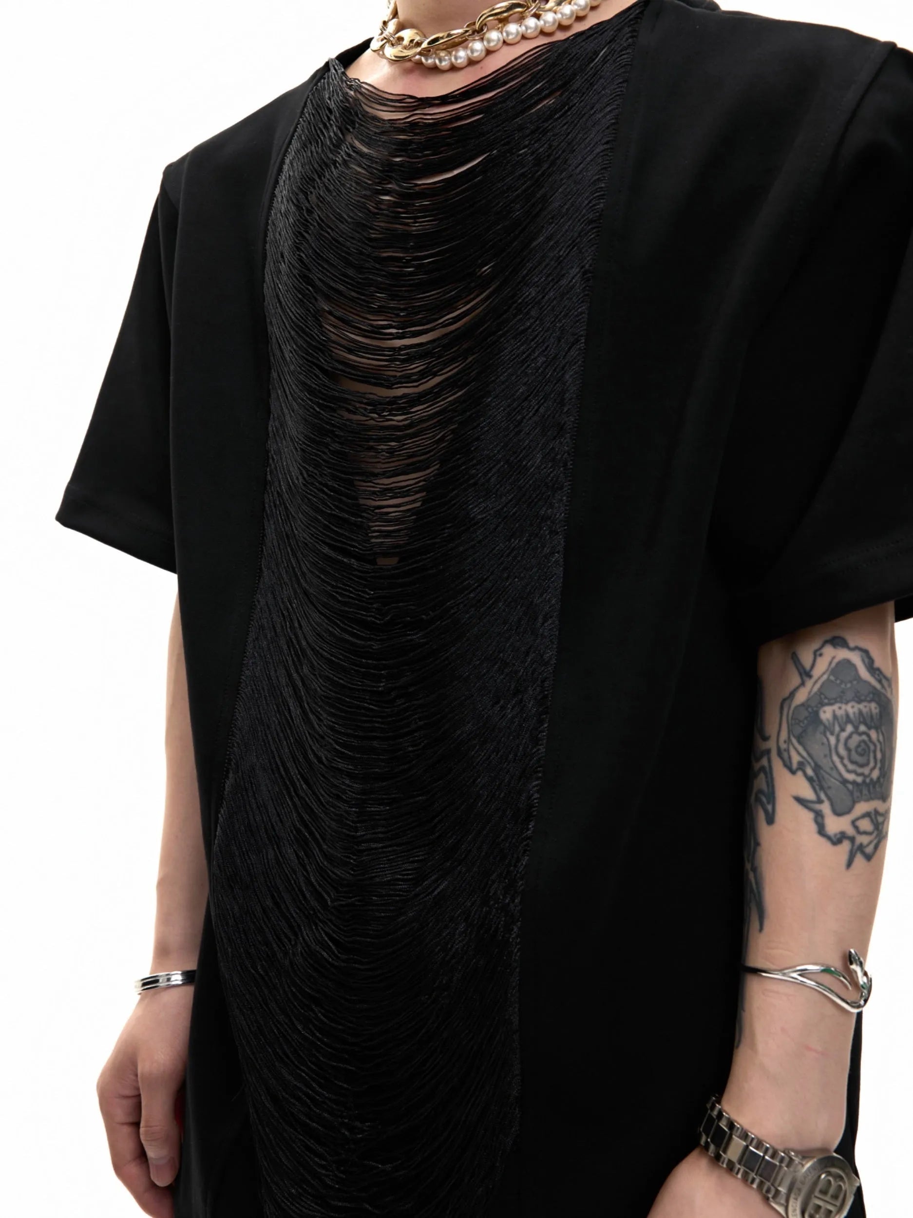 Black men's loose V-neck short sleeve t-shirt with tassel detail on solid polyester fabric.