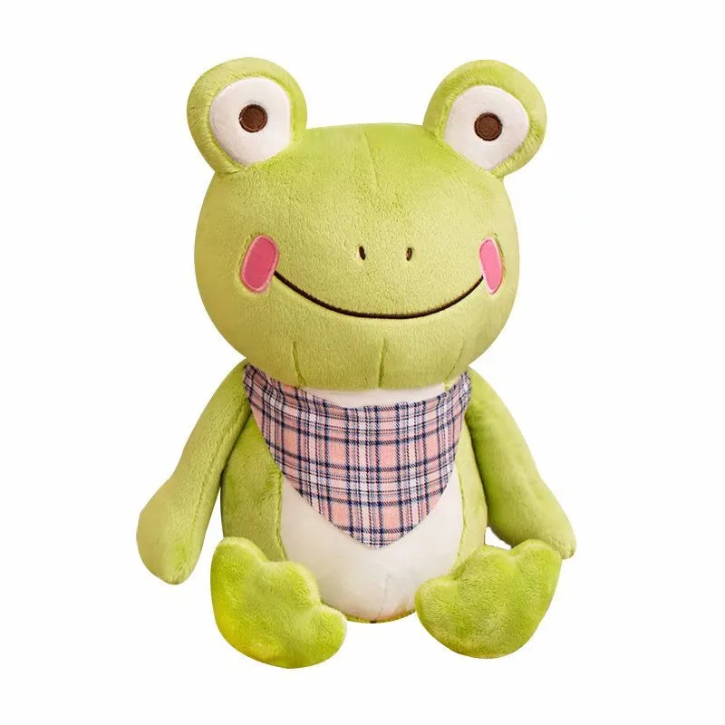 Cute scarf frog doll plush toy in blue with scarf, on a neutral background