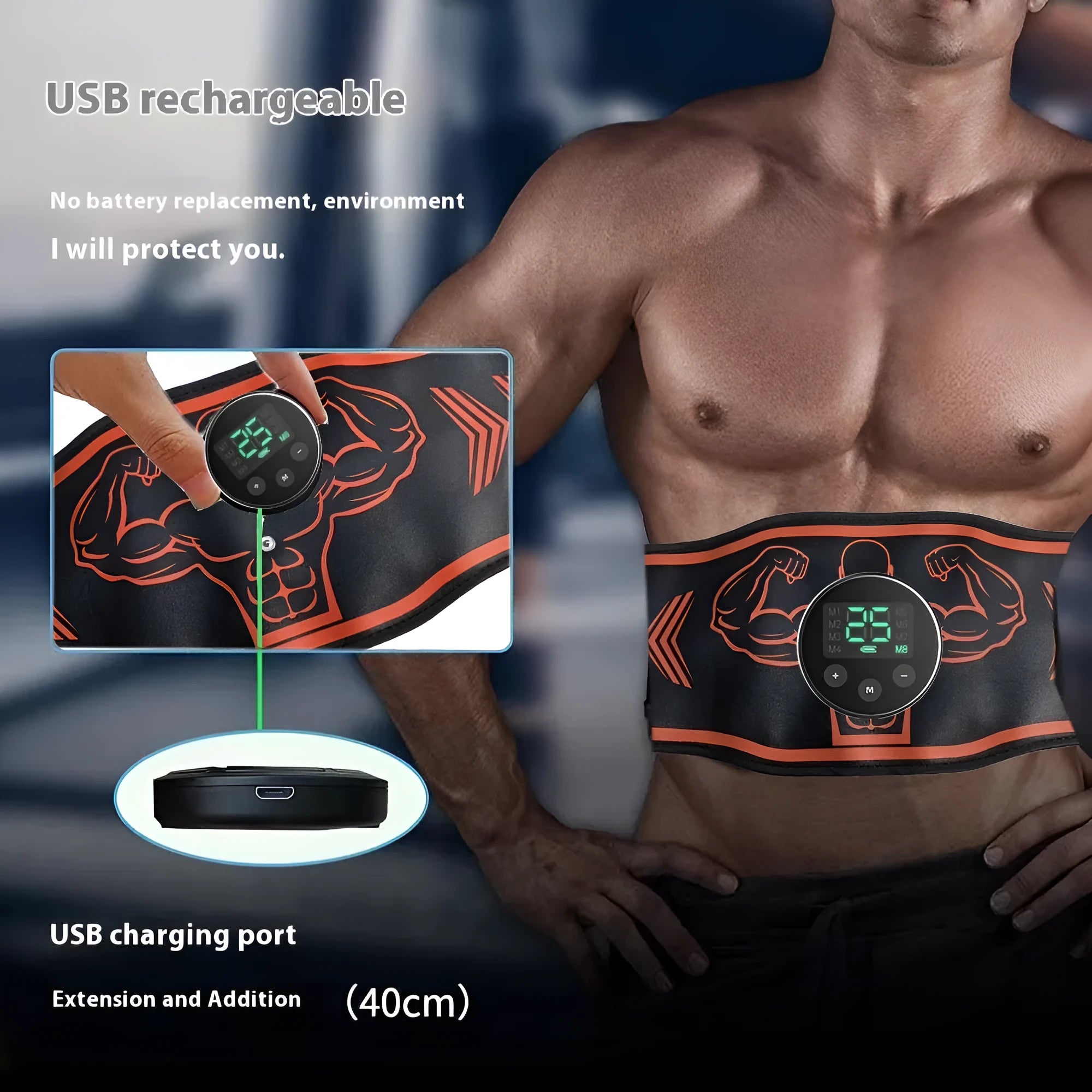 Smart Massage Belt EMS kit with blue host unit, adjustable black belt, and two arm muscle stickers on a grey background.