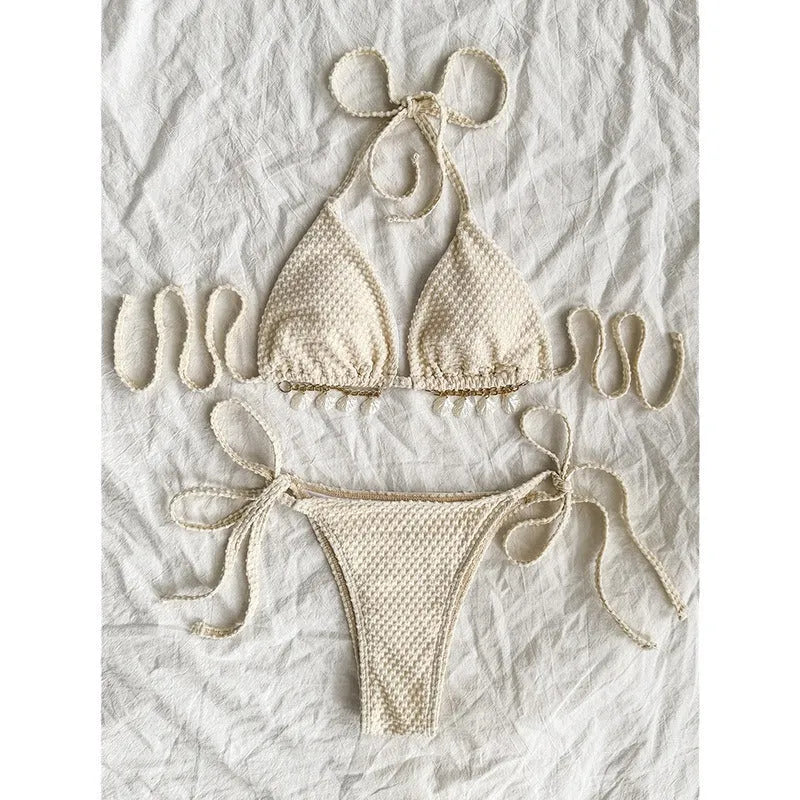Women's halter lace-up bikini swimsuit in polyester fabric shown in milky white colour