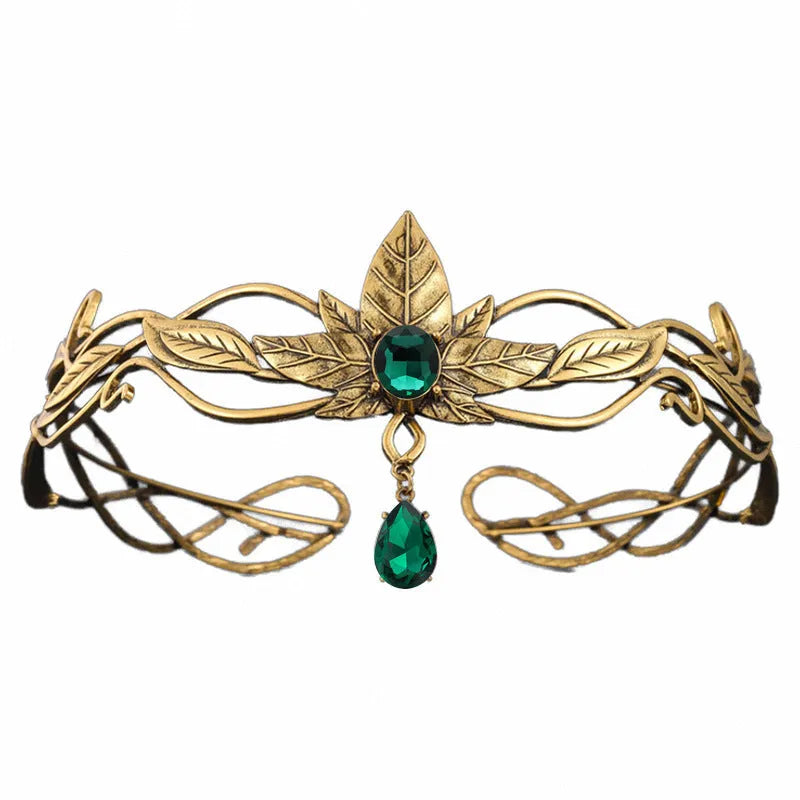 Women's vintage leaves alloy headband with ancient gold electroplated finish and diamond-style colour detail
