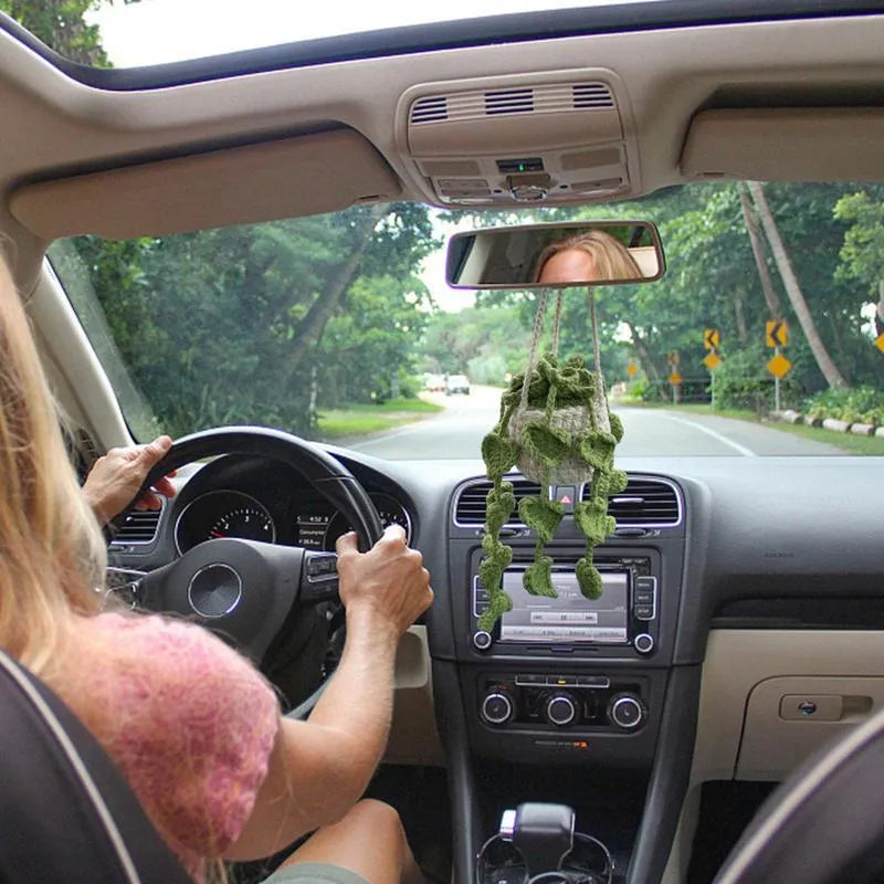 Green and white crocheted wool car plant decoration with a white hanging rope.