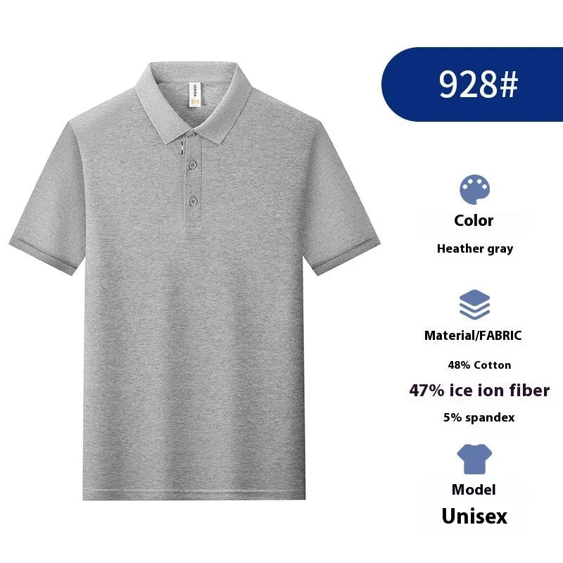 Solid colour ice silk catering work polo shirt on a hanger, shown in a light blue shade with short sleeves.