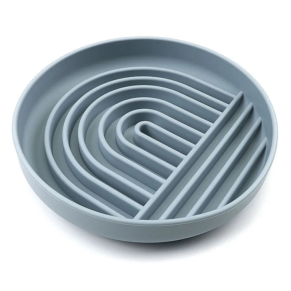 Silicone dog slow feeder bowl with ridges and nooks, shown in beige colour